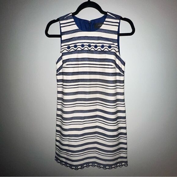 J Crew Cotton Blend Striped Scalloped Dress - Sz 2 - Picture 1 of 16